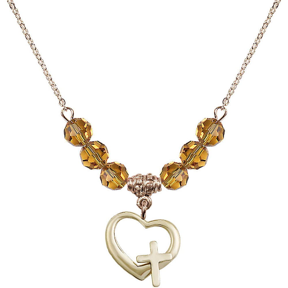 14kt Gold Filled Heart / Cross Birthstone Necklace with Topaz Beads - 4207