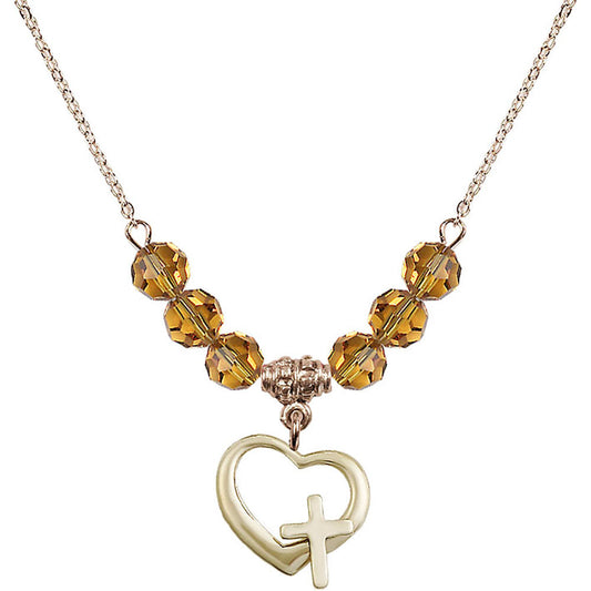 14kt Gold Filled Heart / Cross Birthstone Necklace with Topaz Beads - 4207