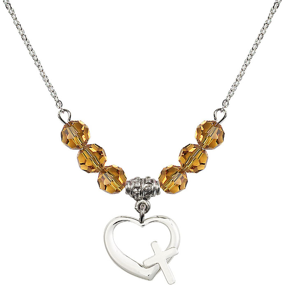 Sterling Silver Heart / Cross Birthstone Necklace with Topaz Beads - 4207