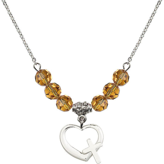 Sterling Silver Heart / Cross Birthstone Necklace with Topaz Beads - 4207