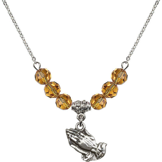 Sterling Silver Praying Hands Birthstone Necklace with Topaz Beads - 4219