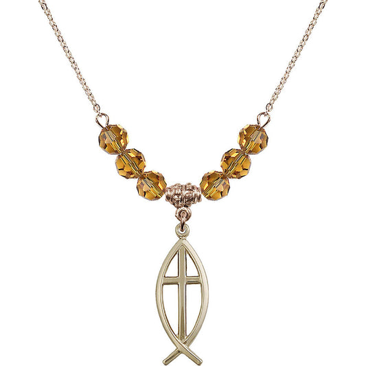 14kt Gold Filled Fish / Cross Birthstone Necklace with Topaz Beads - 4252