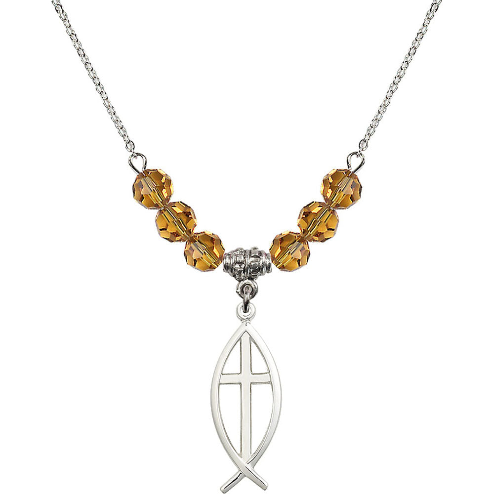 Sterling Silver Fish / Cross Birthstone Necklace with Topaz Beads - 4252