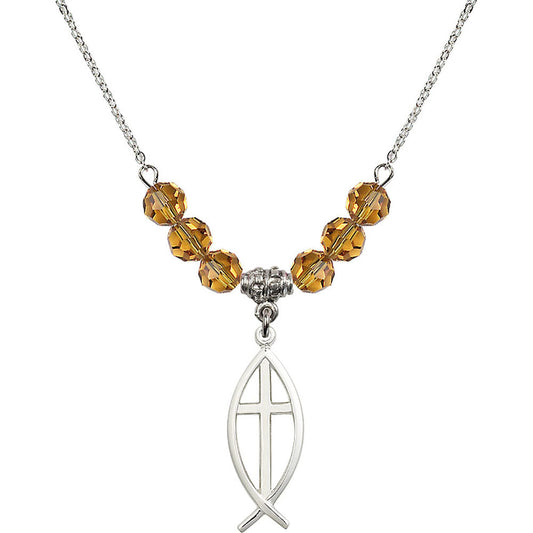 Sterling Silver Fish / Cross Birthstone Necklace with Topaz Beads - 4252