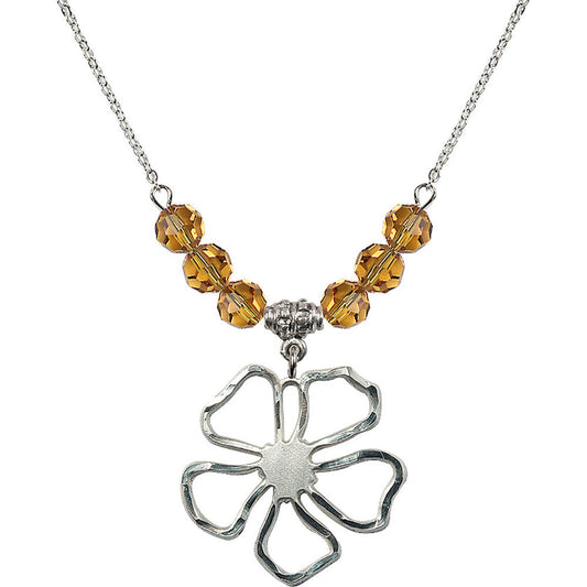 Sterling Silver Five Pedal Flower Birthstone Necklace with Topaz Beads - 5109