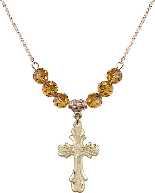 14kt Gold Filled Cross Birthstone Necklace with Topaz Beads - 5419
