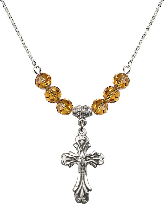Sterling Silver Cross Birthstone Necklace with Topaz Beads - 5419