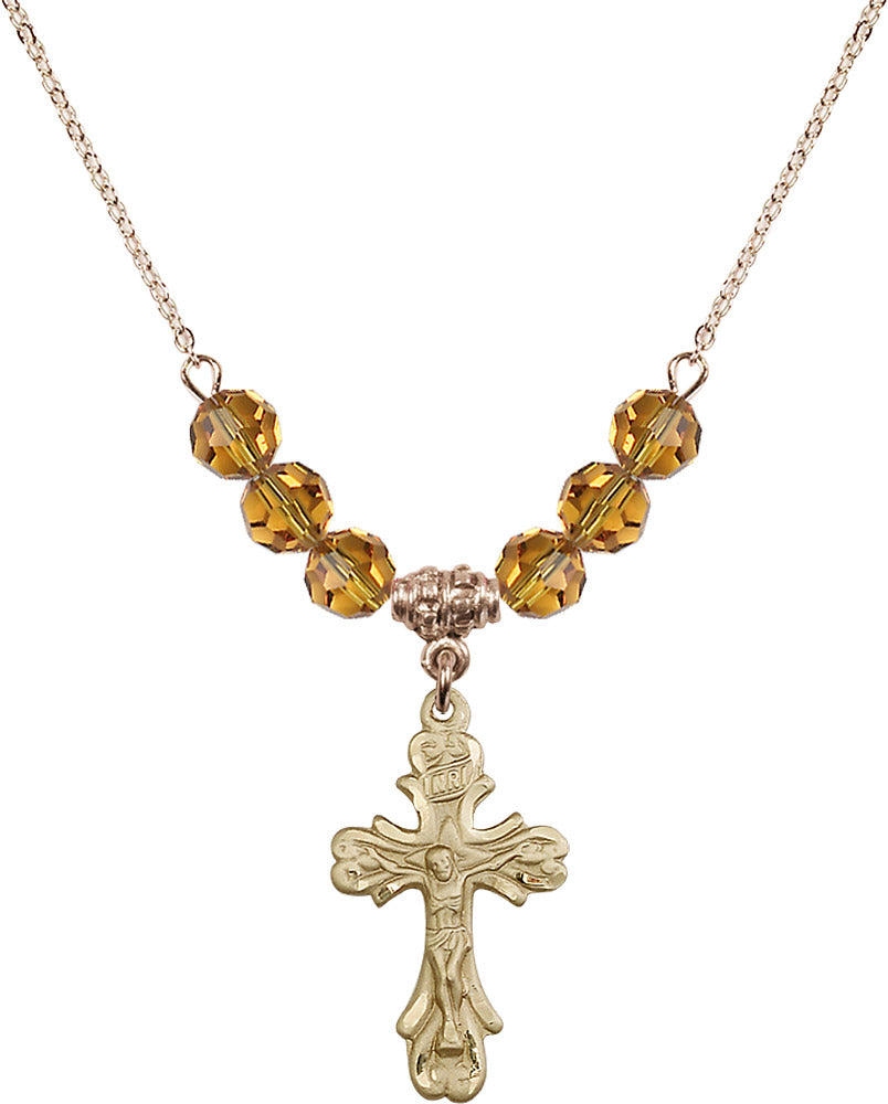 14kt Gold Filled Crucifix Birthstone Necklace with Topaz Beads - 5421