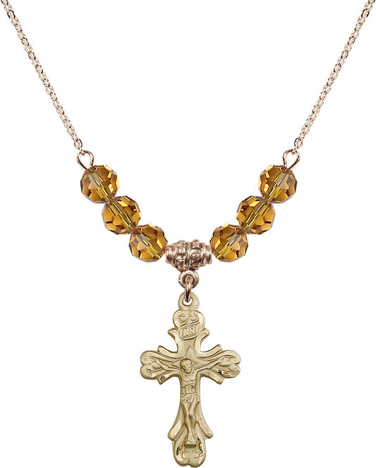 14kt Gold Filled Crucifix Birthstone Necklace with Topaz Beads - 5421