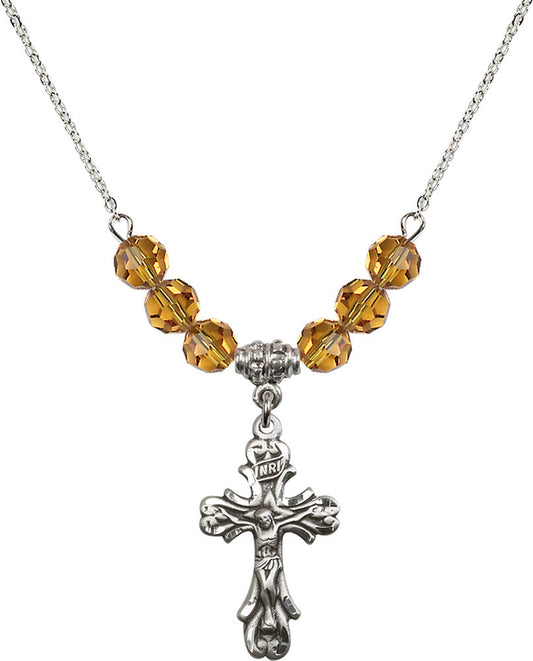Sterling Silver Crucifix Birthstone Necklace with Topaz Beads - 5421
