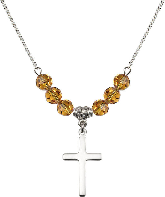 Sterling Silver Cross Birthstone Necklace with Topaz Beads - 5670
