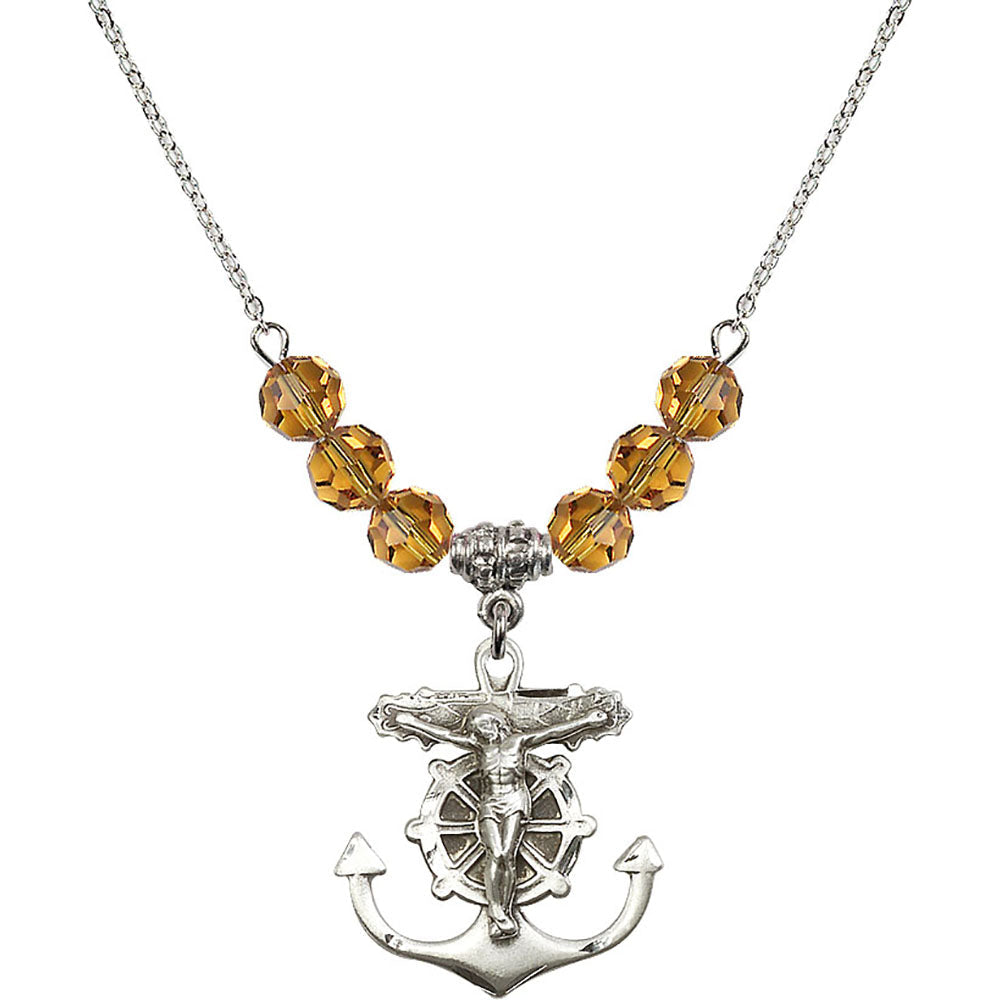 Sterling Silver Anchor Crucifix Birthstone Necklace with Topaz Beads - 5685