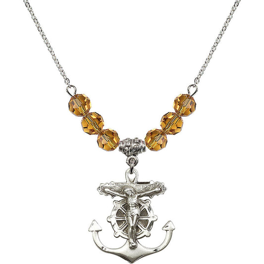 Sterling Silver Anchor Crucifix Birthstone Necklace with Topaz Beads - 5685