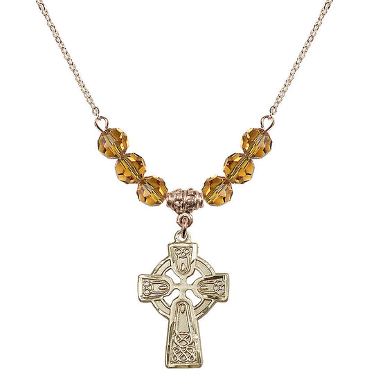 14kt Gold Filled Celtic Cross Birthstone Necklace with Topaz Beads - 5689