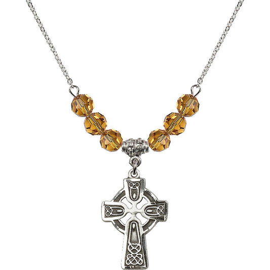 Sterling Silver Celtic Cross Birthstone Necklace with Topaz Beads - 5689