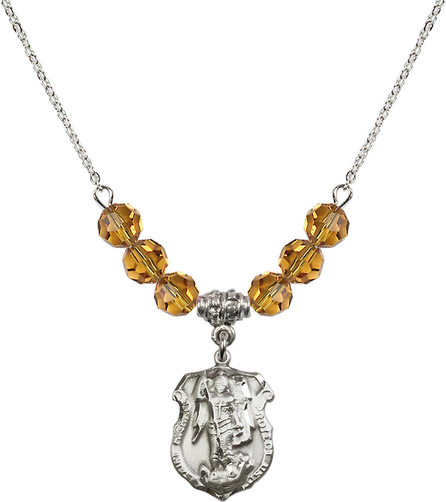 Sterling Silver Saint Michael the Archangel Birthstone Necklace with Topaz Beads - 5692