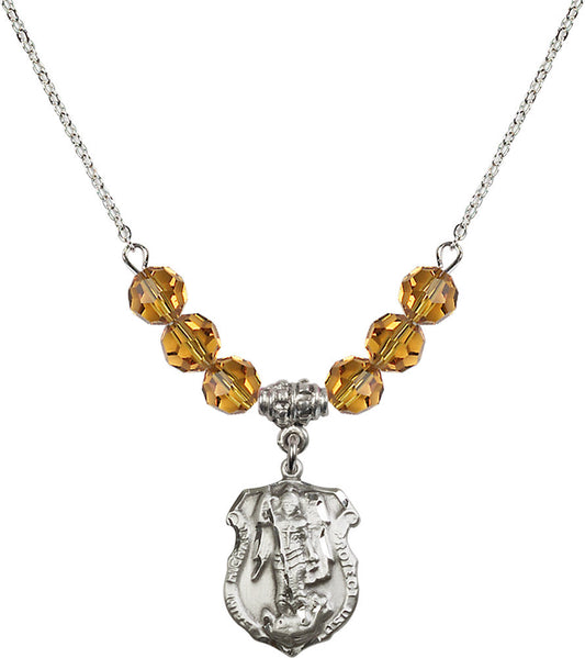 Sterling Silver Saint Michael the Archangel Birthstone Necklace with Topaz Beads - 5692