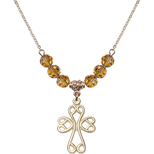14kt Gold Filled Scroll Cross Birthstone Necklace with Topaz Beads - 5998