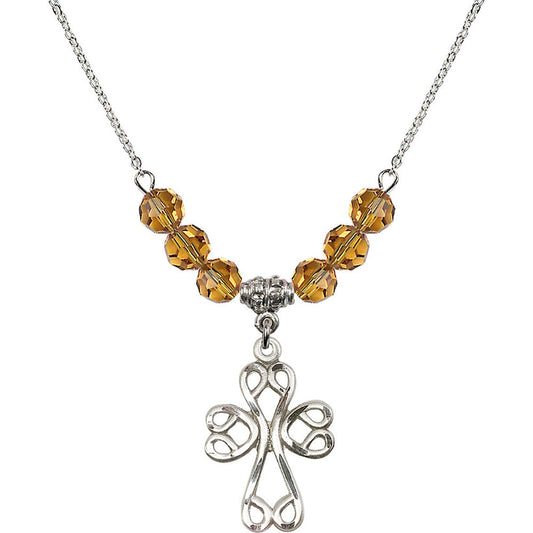 Sterling Silver Scroll Cross Birthstone Necklace with Topaz Beads - 5998