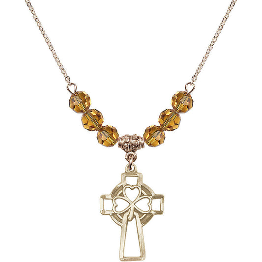 14kt Gold Filled Shamrock Cross Birthstone Necklace with Topaz Beads - 5999