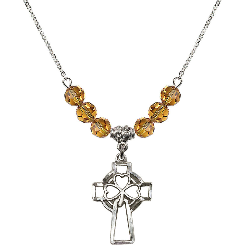 Sterling Silver Shamrock Cross Birthstone Necklace with Topaz Beads - 5999