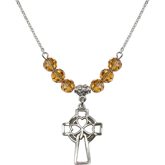 Sterling Silver Shamrock Cross Birthstone Necklace with Topaz Beads - 5999