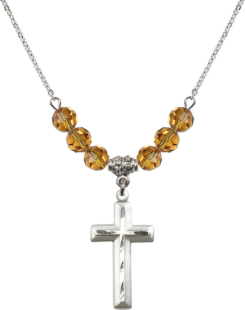 Sterling Silver Cross Birthstone Necklace with Topaz Beads - 6000