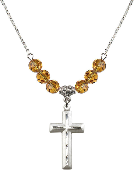Sterling Silver Cross Birthstone Necklace with Topaz Beads - 6000