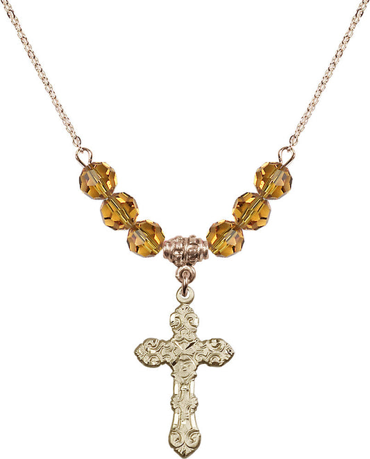 14kt Gold Filled Cross Birthstone Necklace with Topaz Beads - 6001