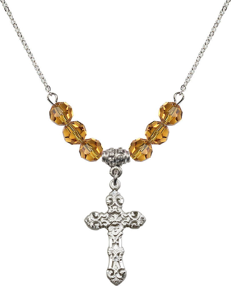 Sterling Silver Cross Birthstone Necklace with Topaz Beads - 6001
