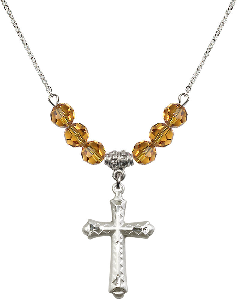 Sterling Silver Cross Birthstone Necklace with Topaz Beads - 6007