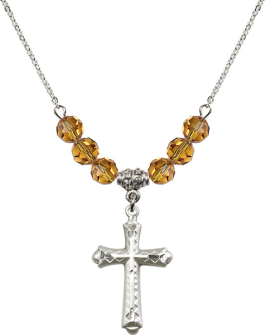 Sterling Silver Cross Birthstone Necklace with Topaz Beads - 6007