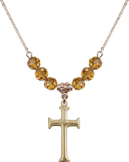 14kt Gold Filled Cross Birthstone Necklace with Topaz Beads - 6008