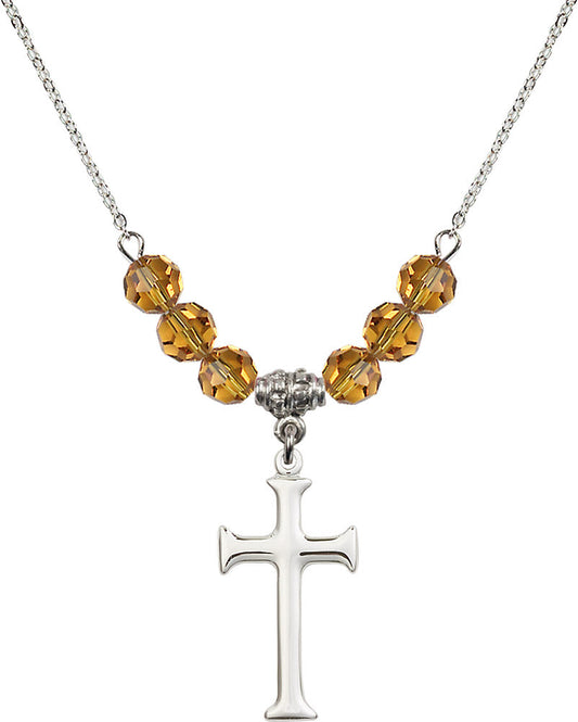 Sterling Silver Cross Birthstone Necklace with Topaz Beads - 6008