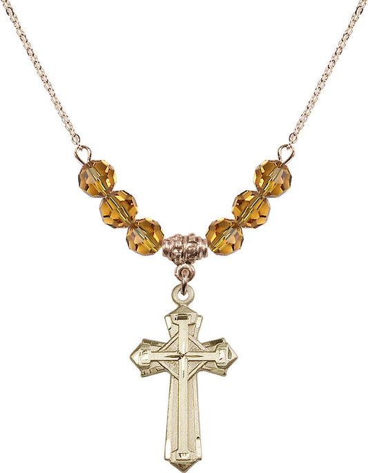 14kt Gold Filled Cross Birthstone Necklace with Topaz Beads - 6012