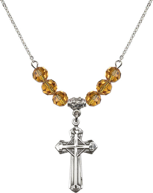Sterling Silver Cross Birthstone Necklace with Topaz Beads - 6012