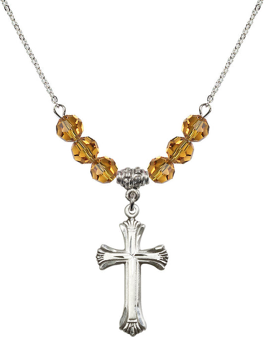 Sterling Silver Cross Birthstone Necklace with Topaz Beads - 6013