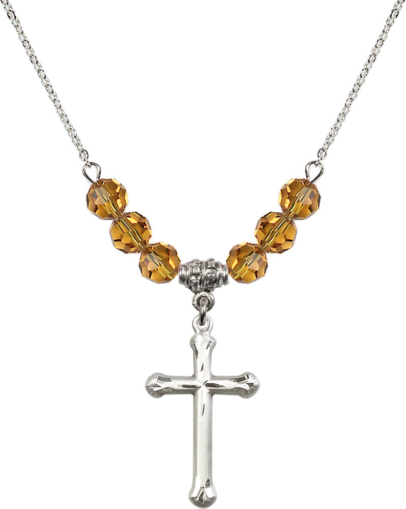 Sterling Silver Cross Birthstone Necklace with Topaz Beads - 6022
