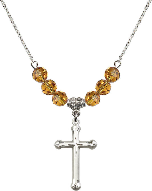 Sterling Silver Cross Birthstone Necklace with Topaz Beads - 6022