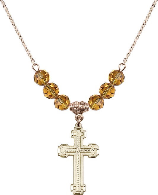 14kt Gold Filled Cross Birthstone Necklace with Topaz Beads - 6039