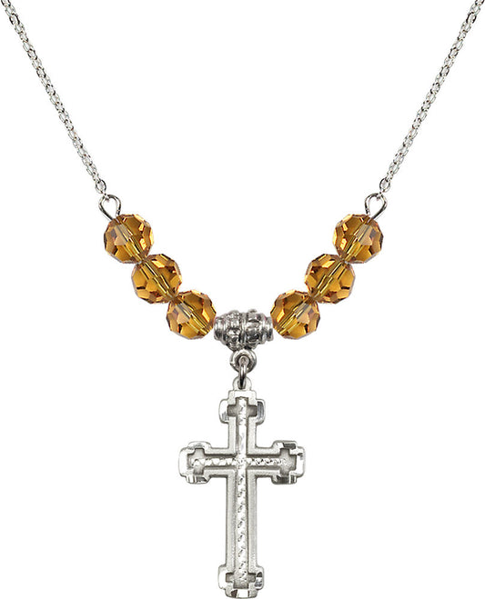 Sterling Silver Cross Birthstone Necklace with Topaz Beads - 6039