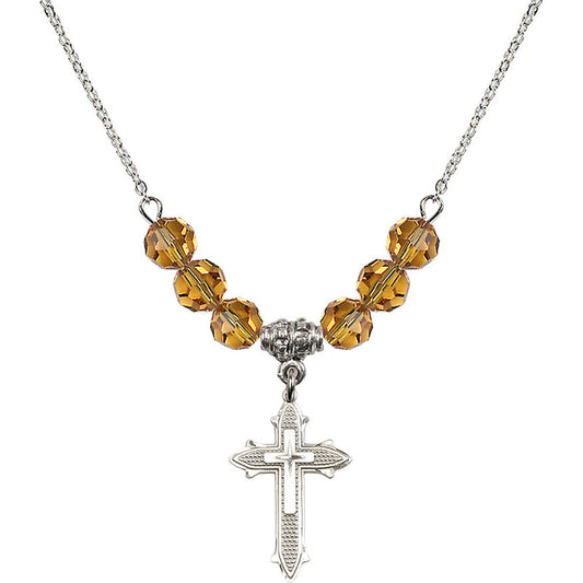 Sterling Silver Cross on Cross Birthstone Necklace with Topaz Beads - 6058