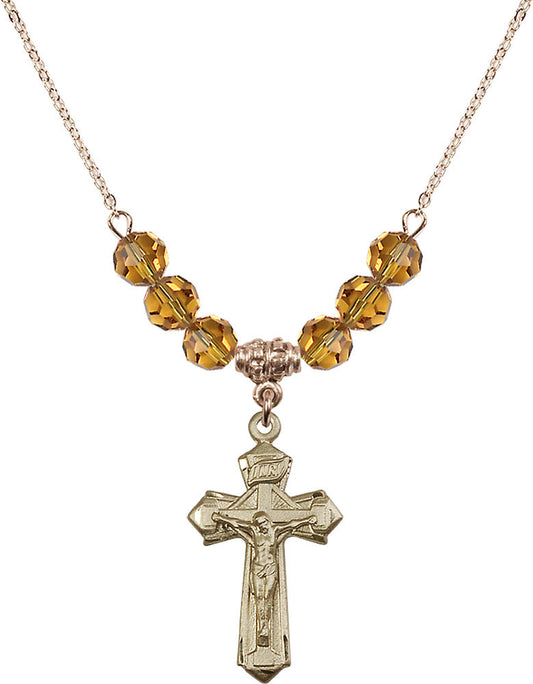 14kt Gold Filled Crucifix Birthstone Necklace with Topaz Beads - 6092