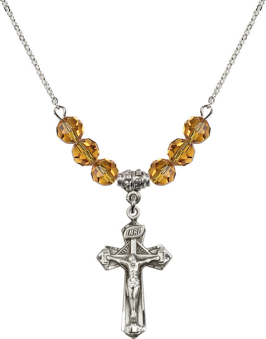 Sterling Silver Crucifix Birthstone Necklace with Topaz Beads - 6092
