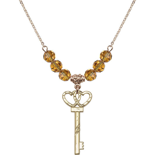 14kt Gold Filled Small Key w/Double Hearts Birthstone Necklace with Topaz Beads - 6213