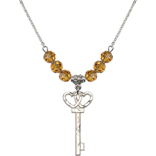 Sterling Silver Small Key w/Double Hearts Birthstone Necklace with Topaz Beads - 6213