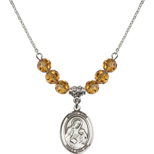 Sterling Silver Saint Ann Birthstone Necklace with Topaz Beads - 8002