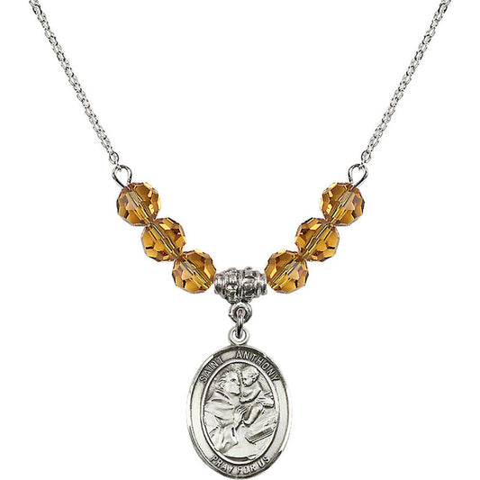 Sterling Silver Saint Anthony of Padua Birthstone Necklace with Topaz Beads - 8004