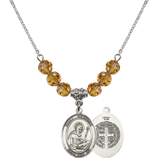Sterling Silver Saint Benedict Birthstone Necklace with Topaz Beads - 8008
