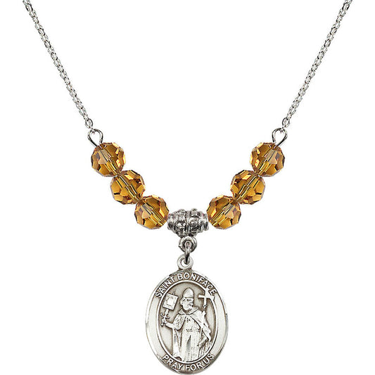 Sterling Silver Saint Boniface Birthstone Necklace with Topaz Beads - 8009